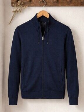 BRAX Navy Blue Full Zip Mock Neck Knit Sweater Solid Mens Size 56 (3XL)